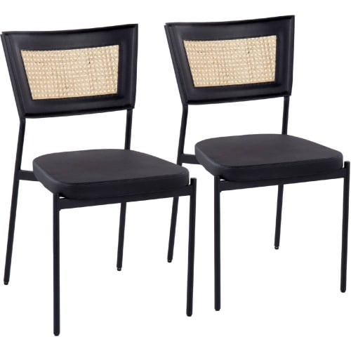 Rattan Tania Dining Chair in Black Metal, Rattan & Black Leatherette (Set of 2)